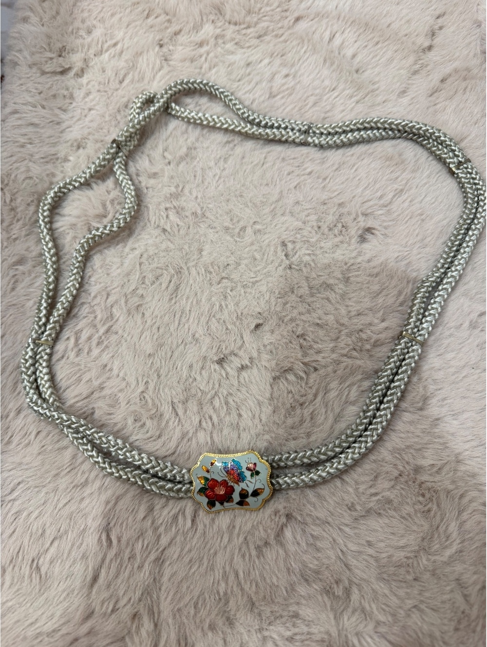 Vintage Silver Braided Cord Belt with Enamel Floral and Butterfly Clasp, 30 Inch